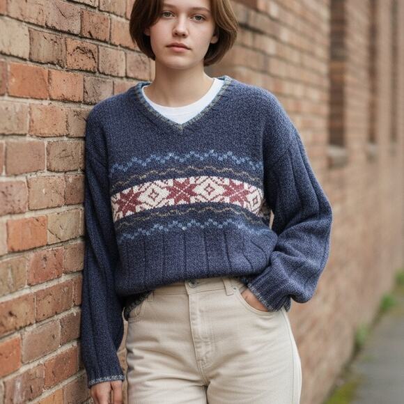 Vintage Y2K Fair Isle Sweater Women 1X Blue Snowflake Holiday Retro Winter Cabin - Picture 1 of 14